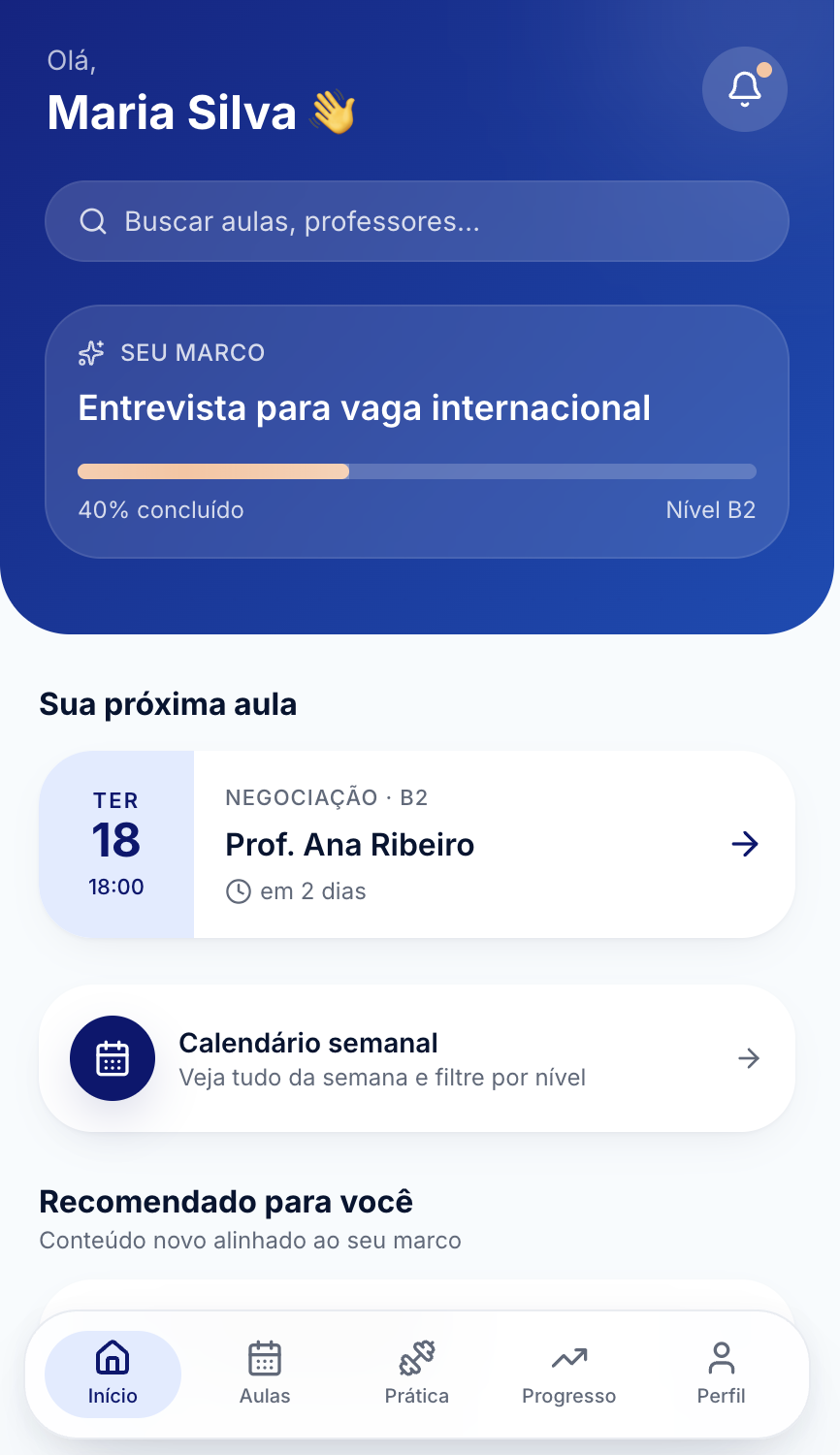 Tela inicial do app Learnix com o marco do aluno e a próxima aula