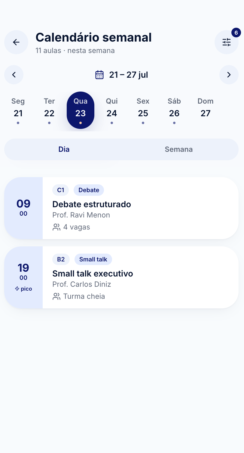 Calendário semanal do app Learnix com as aulas da semana