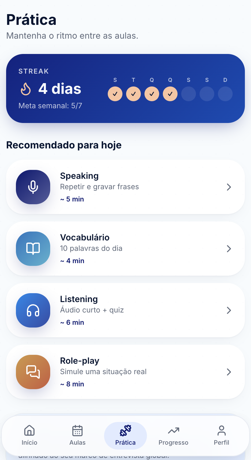 Tela de prática do app Learnix com streak e exercícios recomendados